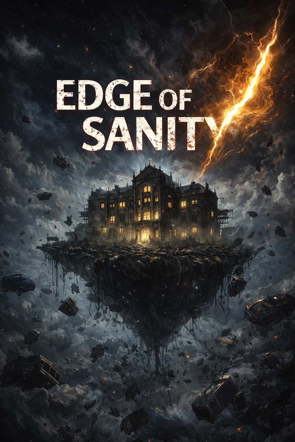 Floating asylum suspended in a broken sky